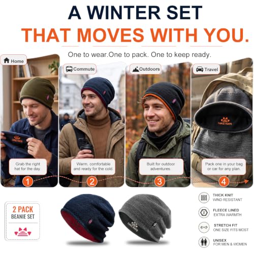 2 Pack Fleece Lined Beanie Hat Reversible Knit Skull Cap for Men Women - color: Blue+mix Black