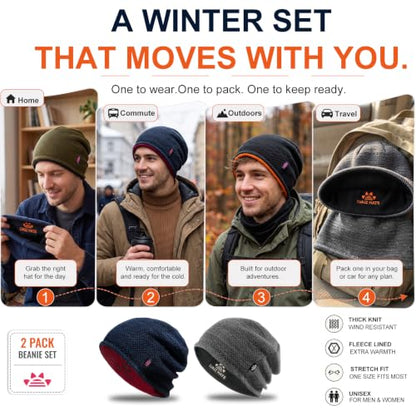 2 Pack Fleece Lined Beanie Hat Reversible Knit Skull Cap for Men Women - color: Blue+mix Black
