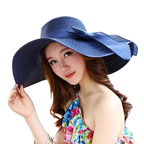FSIGOM Women's Folable Floppy Hat,Wide Brim Sun Protection Straw Hat, Summer UV Protection Beach Cap - color: C1-e-navy Blue, size: Medium