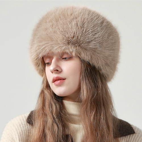 Peicees Winter Faux Fur Hat for Women Russian Style Ladies Ushanka Warm Fluffy Bucket Hat Fuzzy Furry Cap - color: Light Khaki