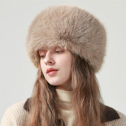Peicees Winter Faux Fur Hat for Women Russian Style Ladies Ushanka Warm Fluffy Bucket Hat Fuzzy Furry Cap - color: Light Khaki
