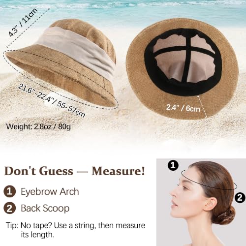 Babalet Women Summer Bucket Sun Hat Lightweight Beach Faux Linen Blend Bucket Hat Adjustable Foldable UV Protection Beach Cap - color: Marled Khaki / White Band