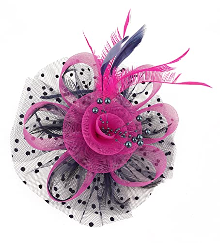 Kentucky Derby Fascinators for Women High Tea Party Hat Wedding Cocktail Flower Headware with Mesh and Feathers - color: Rose&navy
