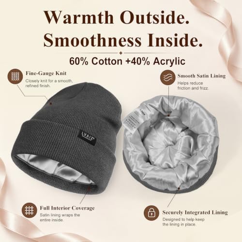 Satin Lined Winter Beanie Hats for Women Men Cotton Knitted Cuffed Knit Hat - color: Dark Grey