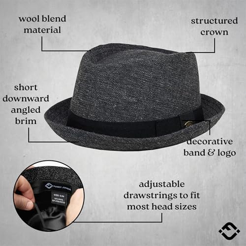 Funky Junque Wool Blend Porkpie Fedora, Classic Trilby Dress Hat - color: Charcoal/Black Herringbone, size: Medium
