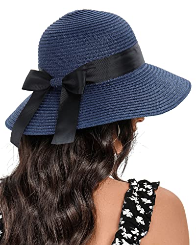 Sun Straw Hat for Women with Wind Lanyard Wide Brim Foldable Beach Summer Hats Womens UV 50+ Protection Bowknot Cap - color: Navy Blue