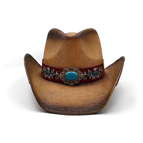 Foeran Men's Women's Straw Cowboy Hat Cowgirl Woven Sun Hat Western Cowboy Hat Two Decorative Bands - color: Coffee-sapphire