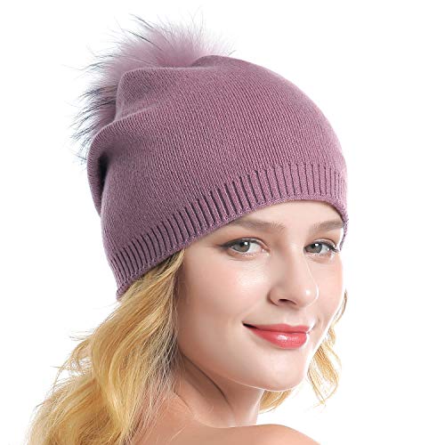 Women Knit Wool Beanie - Winter Fashion Solid Wool Hats Real Removable Raccoon Fur Pom Pom Warm Ski Beanie - color: 09- Cameo