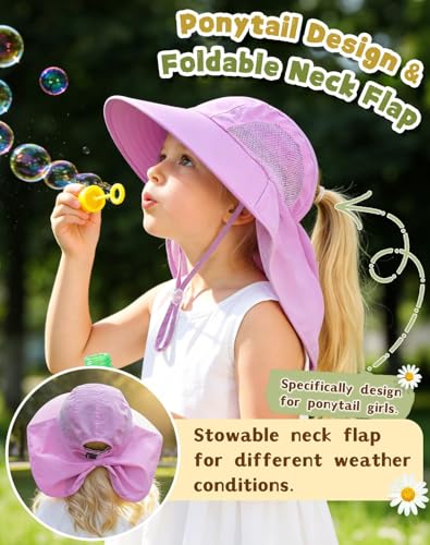 Rosoz Kids Sun Hat with Neck Flap UV Protection Summer Toddler Beach Hat Unisex Ponytail Hat Wide Brim Fishing Hat - color: 1pack-purple