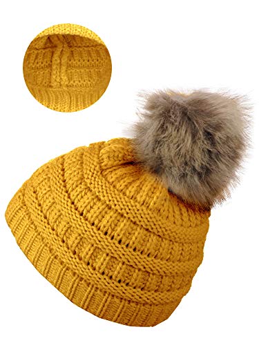 C.C Children's Kids' Soft Stretch Cable Knit Faux Fur Pom Beanie Hat - color: Mustard