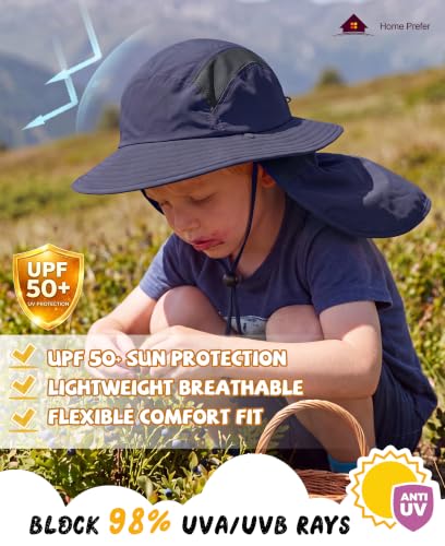 Home Prefer UPF 50+ Boys Sun Hat with Neck Flap Wide Brim Summer Beach Bucket Hat for Boys Girls Toddler Kids Safari Hat - color: Navy Blue