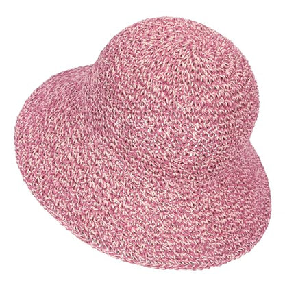 Womens Sun Hat Handmade Crochet Straw Bucket for Summer Foldable Travel Cap - color: Beige & Rose