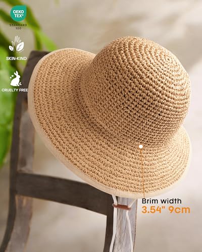 FURTALK Womens Hand-Woven Straw Sun Hat UPF 50+ Packable Summer Wide Brim Beach Linen Lining Bucket Hat with Chin Strap - color: Khaki