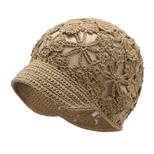 ZLYC Women Summer Slouchy Crochet Hat Handmade Cutout Skull Cap with Visor - color: Plain Khaki, size: One Size