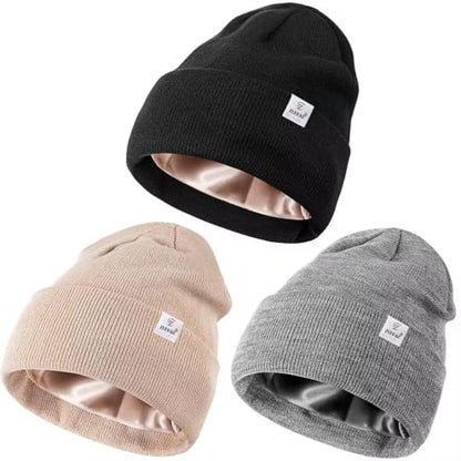 3 Pack Satin Lined Winter Beanie Hats for Women Men,Silk Lined Womens Beanies Knit Soft Warm Cuffed Hat - color: Black+light Gray+beige