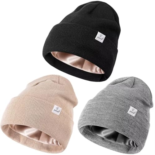 3 Pack Satin Lined Winter Beanie Hats for Women Men,Silk Lined Womens Beanies Knit Soft Warm Cuffed Hat - color: Black+light Gray+beige