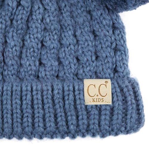C.C Kids' Cable Knit Double Pom Beanie for Kids - Comfortable Soft Warm Children Skully Hat with Pom - color: Yarn Pom Dark Denim