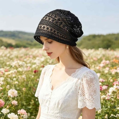 Women's Sparkly Lace Beanie Hat for Women, Lightweight Breathable Knit Skull Cap,Fashion Slouchy Beanie - color: Black 002