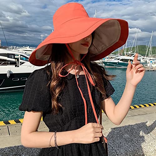 HUAMULAN Women Summer Vacation Wide Brim Sun Hat Reversible Fishing Hats - color: Orangebeige