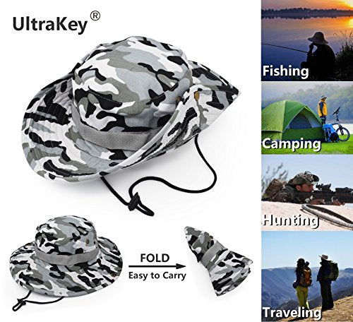 Outdoor Wide Brim Sun Protect Hat, Classic US Combat Army Style Bush Jungle Sun Cap for Fishing Hunting Camping - color: Grey Camouflage