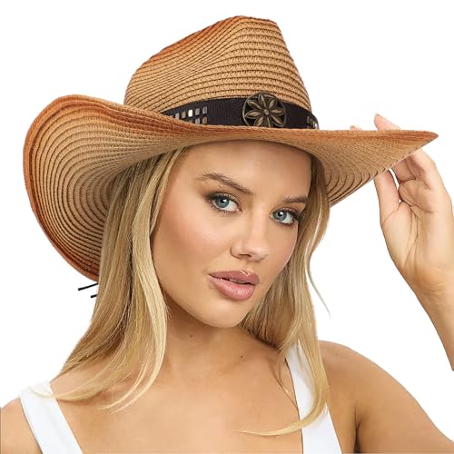 AQOKKA Straw Cowboy Hats for Women Men Western Cowgirl Hats with Shapeable Brim Woven Hollow Out Unisex Beach Roll Up Caps - color: Spray-painted Cowboy Hats : Khaki+khaki