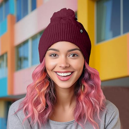 DALIX Cable Knit Pom Beanie Soft Stretch Skully Warm Fuzzy Faux Sherpa Winter Ski Beanie - color: Maroon