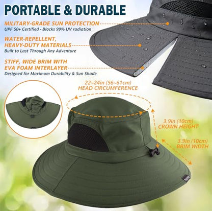 Wide Brim Sun Bucket Hat, Waterproof Boonie Hat for Men & Women - color: 01 Army Green
