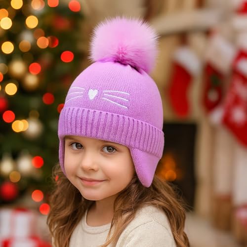 Girls Beanie Knit Hat with Ear Flaps Rainbow Cat Hats Toddler Kids Winter Outdoor Skull Snow Ski Cap Age 2-10 - color: Purple, size: 2-4T