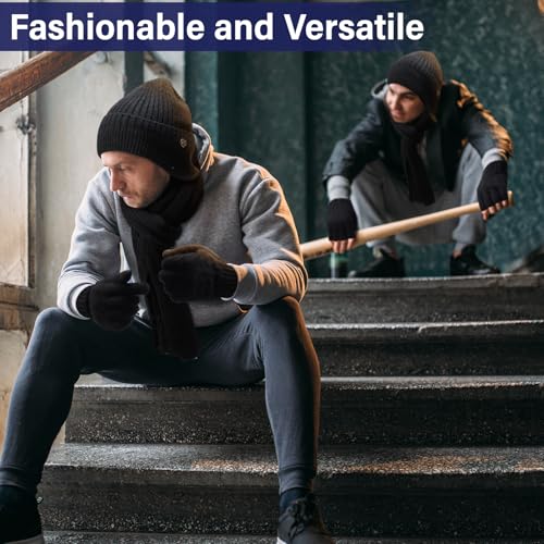 8 Pcs Winter Warm Set for Men Black Knitted Beanie Earflap Cap Touchscreen Half Finger Glove Scarf Socks