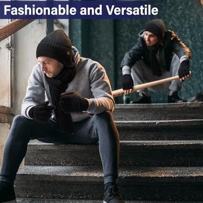 8 Pcs Winter Warm Set for Men Black Knitted Beanie Earflap Cap Touchscreen Half Finger Glove Scarf Socks
