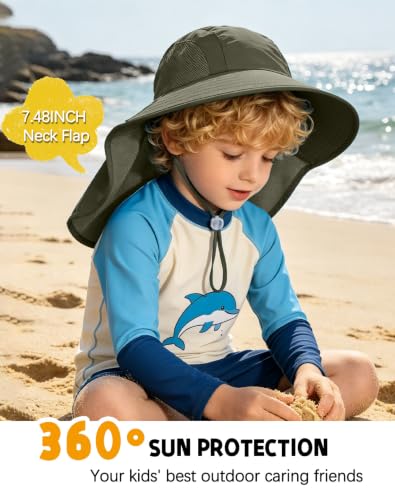 ZOORON 2-Pack Kids Sun Hat with Neck Flap, Bucket Hat for Girls Boys - color: Dark Green+light Grey