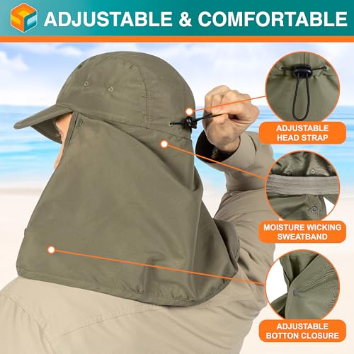 SUN CUBE Fishing Sun Hat with Neck Flap & Face Cover, Wide Brim UPF50+ Cap - color: Olive