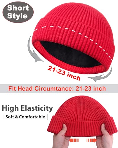 Short Fisherman Beanie for Men Women Wool Fleece Lined Winter Hat - color: 1pcs-red