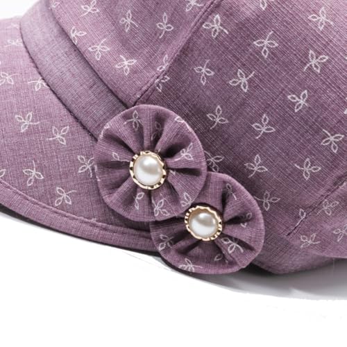 Women's Lady's Cotton Beret Cap Newsboy Cap Drawing Beret Hat Bakerboy Cabbie Cap with Bowknot Decor - color: Purple