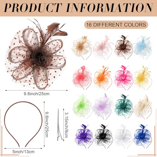 Tarpop 16 Pcs Fascinators Hat Tea Party for Women Flower Mesh Fascinators Hat Wedding Feather Headband Cocktail Hair Clip - color: Bright Color, style: Classic
