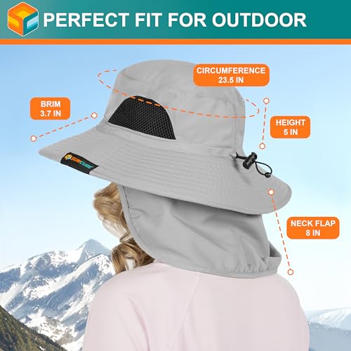 SUN CUBE Wide Brim Sun Hat for Men & Women, UPF 50+ UV Protection, Mesh Boonie Hat with Chin Strap, Fishing Hiking Hat - color: Light Grey With Flap