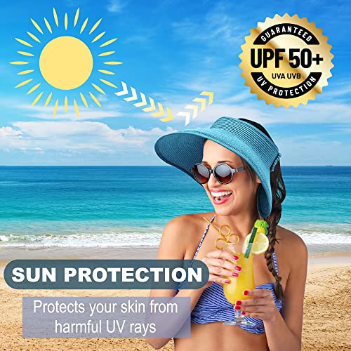 Straw Sun Visor for Women, Wide Brim UPF 50+ Protection Beach Hat, Adjustable, Roll Up Foldable Ponytail Cap with Chin Strap - color: Light Blue