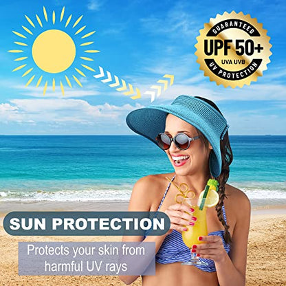 Straw Sun Visor for Women, Wide Brim UPF 50+ Protection Beach Hat, Adjustable, Roll Up Foldable Ponytail Cap with Chin Strap - color: Light Blue