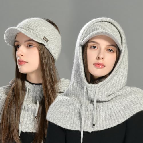 jaxmonoy Winter Knit Balaclava Beanie Hats and Scarf Set for Women - color: Light Grey