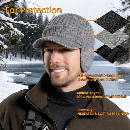 Unisex Cozy Head Beanie with Brim and Ear Flaps - color: Black