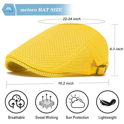 meioro Mens Breathable Mesh Summer Hat Adjustable Flat Cap Newsboy Beret Ivy Cap Irish Cabbie Fishing Hats - color: Yellow
