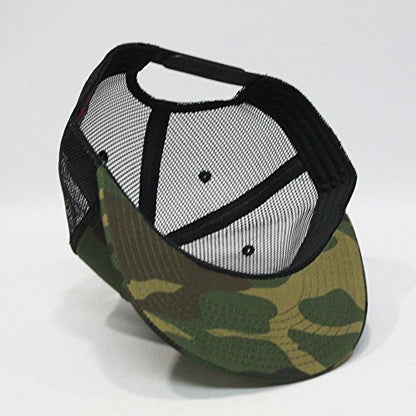 Plain Cotton Twill Flat Brim Mesh Adjustable Snapback Trucker Baseball Cap - color: Camo/Camo/Black