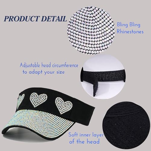 Bling Visor Shiny Rhinestones Sport Sun Adjustable Summer Cap Visor Caps for Women Men - color: Heart-black