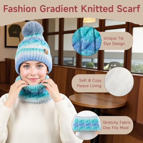 Womens Winter Beanie Hat Scarf Set,Thermal Fleece Lined Women Beanie with Pom Warm Knitted Neck Scarf Cold Weather