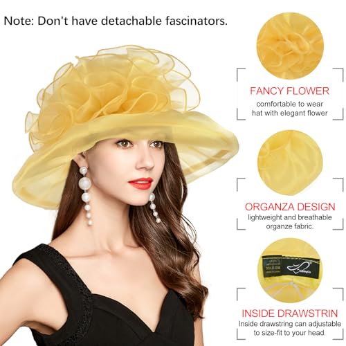 2026 Derby Hats for Women Ladies, Classy Organza Sun Hat, Church Tea Party Wedding Kentucky Fascinator Hat - color: A-4541-yellow