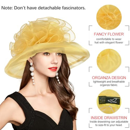 2026 Derby Hats for Women Ladies, Classy Organza Sun Hat, Church Tea Party Wedding Kentucky Fascinator Hat - color: A-4541-yellow