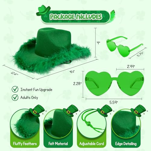 4E's Novelty Cowboy Hat with feathers With Heart Shaped Sunglasses for Women, Felt Cowgirl Hat for Party Costume Dress Up - color: Green