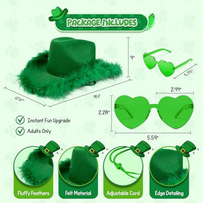 4E's Novelty Cowboy Hat with feathers With Heart Shaped Sunglasses for Women, Felt Cowgirl Hat for Party Costume Dress Up - color: Green