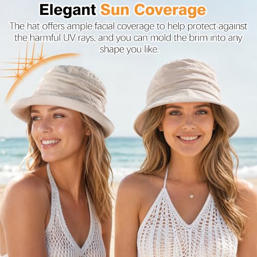 Linen Blend Ruched Bucket Hat Ultra-Light Breathable Sun Hat - color: Beige