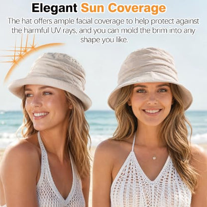 Linen Blend Ruched Bucket Hat Ultra-Light Breathable Sun Hat - color: Beige